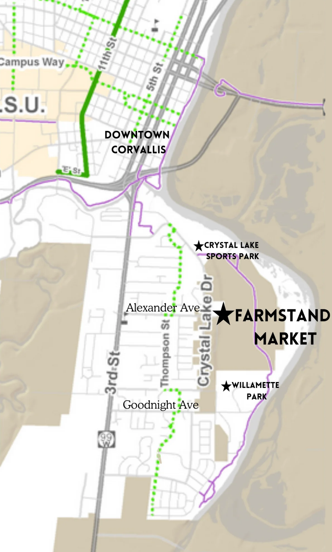 map of walking paths to get to farmstand market